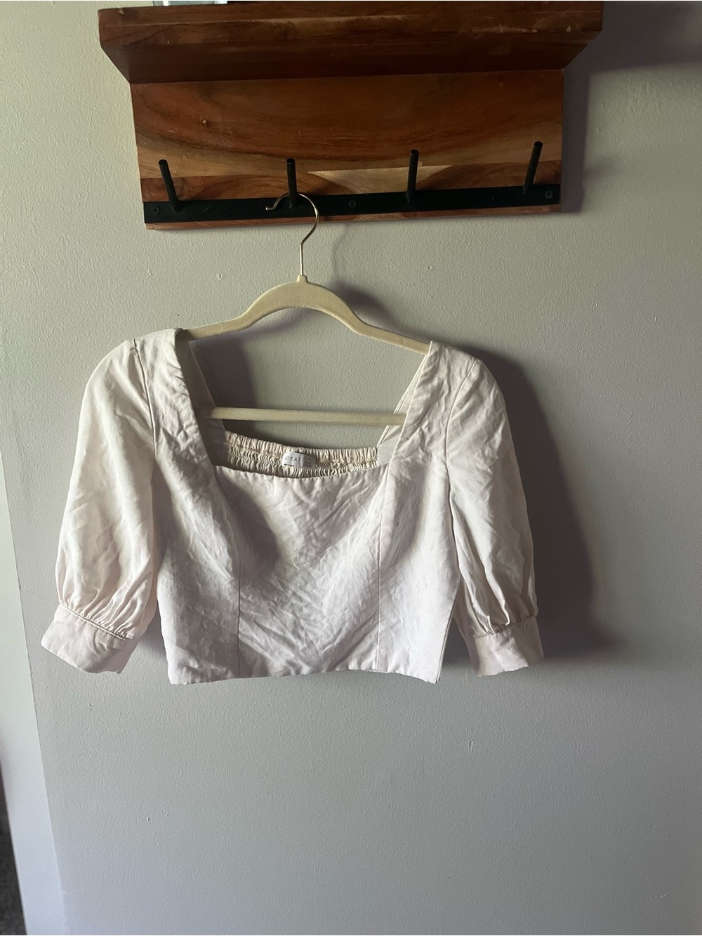Kookai Cream Linen Square-Neck Puff Sleeve Crop Top